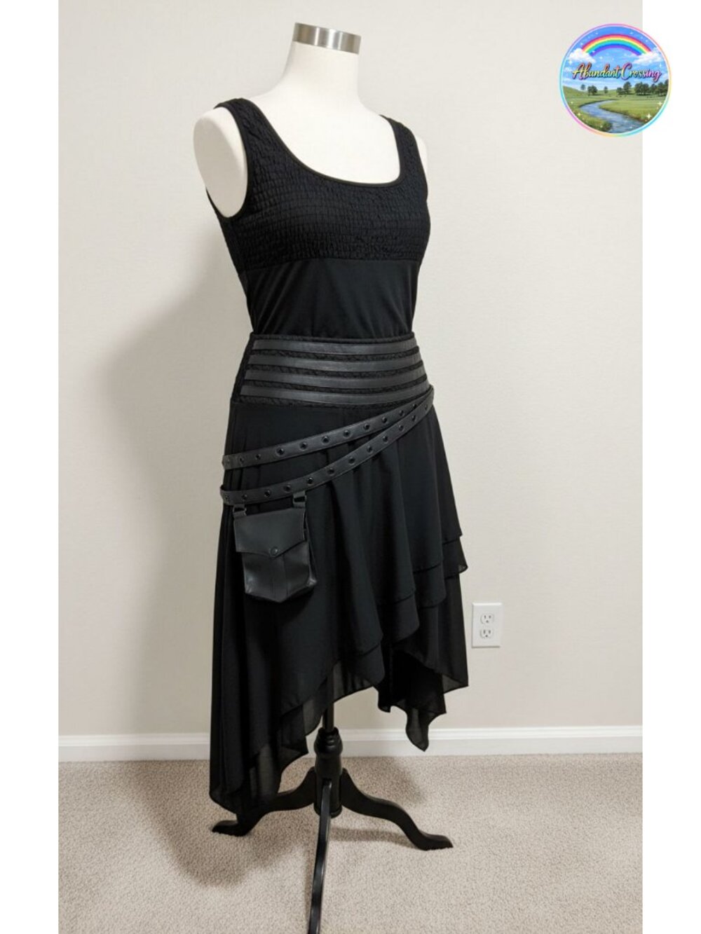Womens Gothic Steampunk High Low Skirt Faux Leather & Linen
